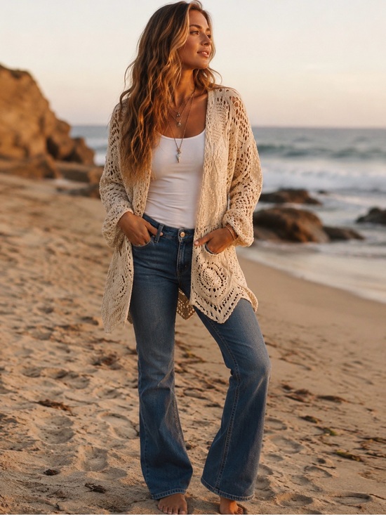 Lucky Brand Sweaters - Lucky Brand 100% Cotton Openwork Crochet Knit Cardigan in Light Beige
